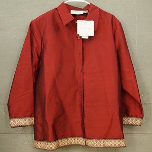NWT 100% Silk Lore Beth Terrell Maroon Gold Trim Long Sleeve 2x Blouse Jacket